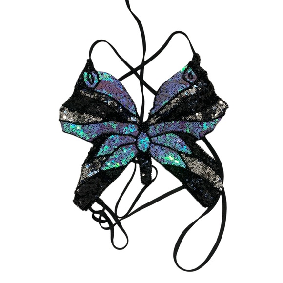 Y2K Style Purple Black Butterfly Shaped Tie Back Crop Top - Picture 1 of 5